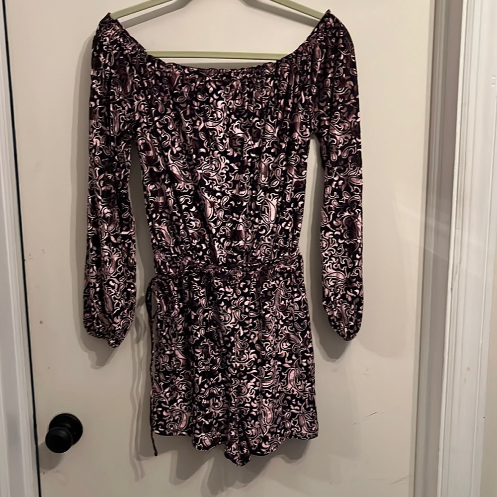Chenille, romper, deep eggplant color w paisley print, off (or not) the shoulder